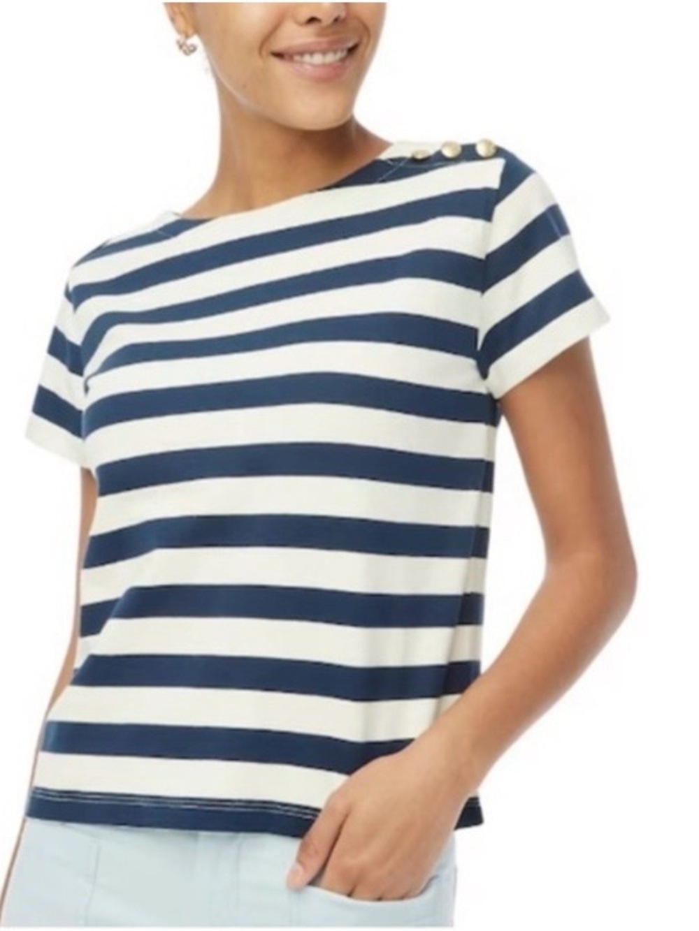 J. Crew Navy and White Striped Button-Shoulder Tee